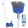 Lola blue 10-inch angle broom and clip-on dustpan set with aluminum 4-section handle; insets show assembled broom and handle sections.