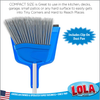 Compact size angle broom head with clip-on dust pan callout badge; infographic for use in kitchens, decks, garages, patios, and corners