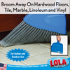 Broom Away on hardwood, tile, marble, linoleum and vinyl infographic with blue angle broom and indoor/outdoor badge