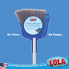 Lola Angle Broom & Clip-On Dustpan label on blue broom head: gets into corners, split tips pick up fine dirt & debris for indoor/outdoor use