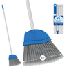 Lola blue angle broom with 10-inch wide grey bristle head and 4-section aluminum handle, shown assembled and broom head close-up
