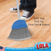 Lola angle broom sweeping debris from wood floor; text: fine flagged tips trap dirt and dust, American owned family business since 1969