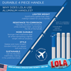 Durable 4 Piece Handle infographic showing aluminum benefits: lightweight, corrosion resistant, durable, stylish, sustainable, tool-free assembly