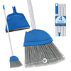 Lola Big Angle Broom with 13-inch wide grey bristle head, blue plastic collar, 4-section aluminum handle, and blue clip-on dustpan