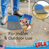 Lola Big Angle Broom sweeping autumn leaves into blue dustpan outdoors; text: For Indoor & Outdoor Use, inset bristles trap wet debris