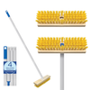Lola deck scrub broom with natural wood block, yellow poly-fiber bristles, 4-section aluminum handle, head detail and assembled view