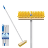 Lola Deck Scrub Broom, yellow PVC bristles, wood block head, assembled 4-section aluminum handle, close-up with handle badge