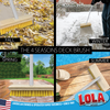Deck brush shown cleaning fall leaves, winter snow, spring wet decks, and poolside surfaces in summer