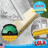 Deck scrub brush for wet or dry use on concrete with extra-firm bristles and polished surface warning