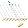 Nine Lola deck scrub brooms with yellow bristles, wood blocks, and 4-section aluminum handles in a bulk case display