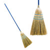 Lola Standard Corn Broom full broom with blue metal handle and close-up natural tan corn bristle sweeping head with blue stitching bands
