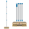 Lola Natural Coco Bristle Deck Scrub with wooden block head, 4-section aluminum handle, blue accents, full length beside tag close-up