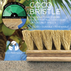 Coco bristle scrub brush with natural coir fibers from coconut shells, eco-friendly badge, and medium-firm bristle rating