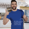 Man giving thumbs up holding deck scrub brush in kitchen, with callouts for sturdy wood block and durable 48 inch 4-piece steel handle