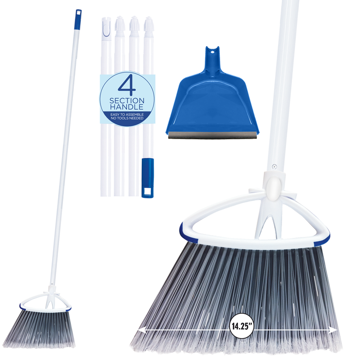 Lola Large Angle Broom and blue dustpan cleaning set with 14.25-inch wide head and 4-section snap-in steel handle