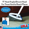 9-inch angled broom head reaching into tight corner, rubber bumpers protect walls and furniture