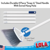 Durable 4-piece snap-in steel broom handle with swivel hang hole, broom head snaps in securely