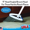 9-inch angled broom head reaching into tight corner, rubber bumpers protect walls and furniture
