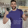 Man giving thumbs up holding deck scrub brush in kitchen with callouts for sturdy wood block and 48 inch steel 4-piece handle