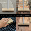 Man giving thumbs up holding deck scrub brush in kitchen, with callouts for sturdy wood block and 48 inch 4-piece steel handle