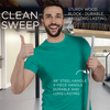 Man giving thumbs up holding deck scrub brush in kitchen, with callouts for sturdy wood block and 48 inch steel 4-piece handle
