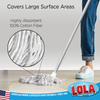 100% cotton deck mop in use on hardwood floor, highly absorbent cotton fibers cover large surface areas close-up