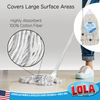 Lola highly absorbent 100% cotton mop head on light wood floor; inset shows 12 in x 6.5 in size, covers large areas
