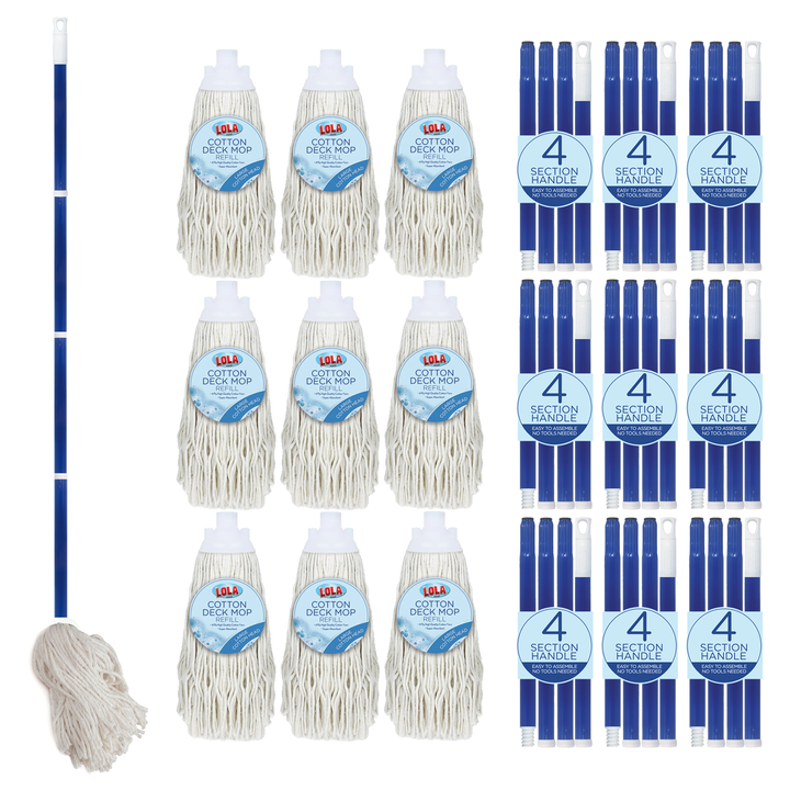Full 9-pack contents: nine Lola Cotton Deck Mop Refill heads, nine 4-section blue handles, and spare cotton mop head