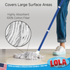 Someone mopping hardwood floor with Lola cotton deck mop; text: covers large areas, 100% cotton, American owned since 1969