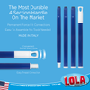 4-section blue handle infographic callouts: durable force-fit connections, no-tool assembly, Made in Italy, swivel hang hole, easy thread