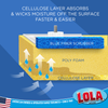Cellulose surface layer absorbs and wicks moisture off the surface faster and easier for moisture control