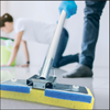 Universal fits most sponge mops, front view of blue sponge head flat on marble tile with chrome butterfly wringer
