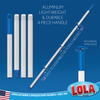 Lola Squeezematic mop 4-piece lightweight aluminum handle laid out and assembled, no tools needed, swivel hang hole