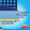 Cross-section diagram of sponge mop refill showing high-density durable poly foam top layer and super-absorbent cellulose bottom layer