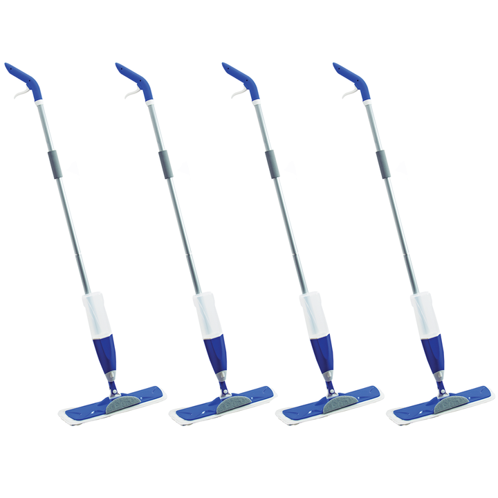 Lola Spritz n' Mop microfiber spray mop 4-pack with blue trigger handles, silver telescoping poles, flat mop heads with built-in scrub pads