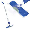 Lola Spritz n' Mop microfiber spray mop, full blue and silver handle beside close-up blue mop head with scrub pad and nozzle