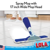Lola Spritz n' Mop 17-inch spray mop cleaning a white ceramic tile floor with reusable microfiber pad