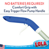 Close-up of the Lola Spritz n' Mop trigger handle with manual spray pump, blue grip, white trigger, and silver handle