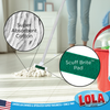 Lola scuff remover mop in use on light floor with callouts for super absorbent cotton yarn, Scuff Brite Pad, and American owned and operated