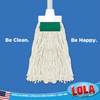 Lola scuff remover mop head close-up with white cotton yarn strands, green Scuff Brite pad, American owned since 1969