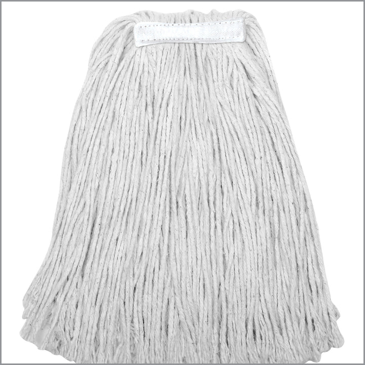Lola Cotton Wet Mop Head hero shot with full mop yarn head fanned out flat, white banded cotton yarn strands on white headband connector