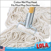 Lola Cotton Wet Mop Head connector on wooden mop stick handle; fits most mop stick handles, American owned & family operated since 1969