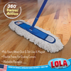 Dust mop on hardwood floor with 360 degree swivel action, poly fibers attract dust like a magnet, flexible frame, washable