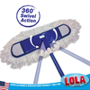 Dust mop head showing 360-degree swivel action with multiple handle angles for floor cleaning