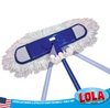 Dust mop head and 3-section handle shown assembled from above for floor cleaning tool setup