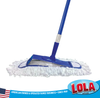 Lola Dust Mop assembled side view with white poly fiber mop head and blue handle for floor cleaning