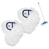 Two white nylon loop dust mop refill heads with blue Lola labels alongside assembled Lola flexible dust mop with blue handle