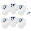 Six white nylon loop dust mop refill heads with blue Lola labels beside assembled Lola flexible dust mop with blue handle