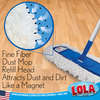 Lola fine fiber dust mop refill head on hardwood floor, magnified nylon loops attracting dust and dirt, American owned since 1969