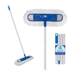 Lola Flexible Dust Mop with white poly-fiber mop head, blue flexible pivot frame, and 4-section aluminum handle, assembled with head detail